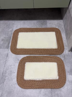 Puffy banyo paspas seti hasır kenarlı bej renk