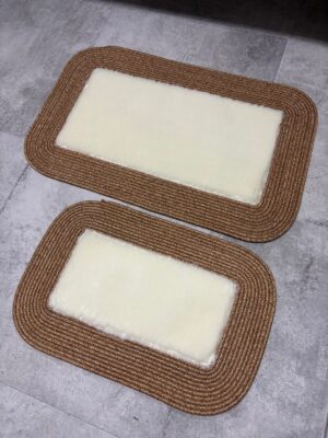 Puffy banyo paspas seti hasır kenarlı bej renk