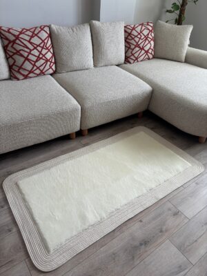 Puffy yumuşak dokulu kilim halısı hasır kenarlı detay