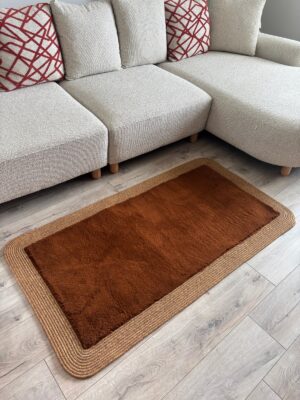 Puffy yumuşak dokulu kilim halısı hasır kenarlı detay