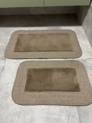 Puffy banyo paspas seti hasır kenarlı bej renk