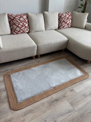 Puffy yumuşak dokulu kilim halısı hasır kenarlı detay