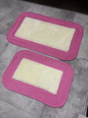 Puffy banyo paspas seti hasır kenarlı bej renk