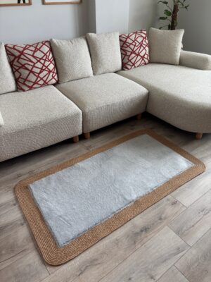 Puffy yumuşak dokulu kilim halısı hasır kenarlı detay