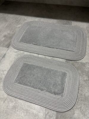 Puffy banyo paspas seti hasır kenarlı bej renk