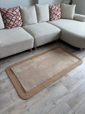 Puffy yumuşak dokulu kilim halısı hasır kenarlı detay