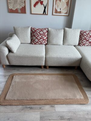 Puffy yumuşak dokulu kilim halısı hasır kenarlı detay
