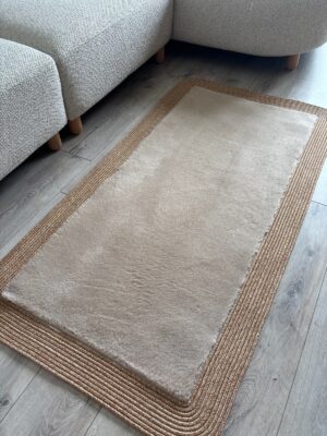 Puffy yumuşak dokulu kilim halısı hasır kenarlı detay