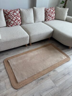 Puffy yumuşak dokulu kilim halısı hasır kenarlı detay