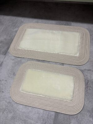 Puffy banyo paspas seti hasır kenarlı bej renk
