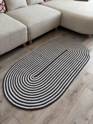 Linea gri saç örgü halat oval modern kilim