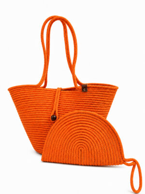 Rio Havana Omuz Çantası + Moss Clutch 2’li Kadın Hasır Omuz Çantası ve Fermuarlı El Çantası Seti Plaj – Tek Ebat / Turuncu