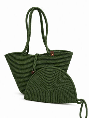Rio Havana Omuz Çantası + Moss Clutch 2’li Kadın Hasır Omuz Çantası ve Fermuarlı El Çantası Seti Plaj – Tek Ebat / yeşil