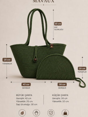 Rio Havana Omuz Çantası + Moss Clutch 2’li Kadın Hasır Omuz Çantası ve Fermuarlı El Çantası Seti Plaj, Günlük – görsel 14