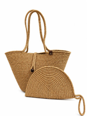 Rio Havana Omuz Çantası + Moss Clutch 2’li Kadın Hasır Omuz Çantası ve Fermuarlı El Çantası Seti Plaj – Tek Ebat / Bej