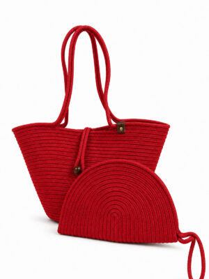 Rio Havana Omuz Çantası + Moss Clutch 2’li Kadın Hasır Omuz Çantası ve Fermuarlı El Çantası Seti Plaj – Tek Ebat / Kırmızı