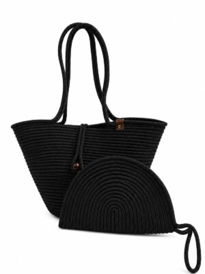 Rio Havana Omuz Çantası + Moss Clutch 2’li Kadın Hasır Omuz Çantası ve Fermuarlı El Çantası Seti Plaj – Tek Ebat / Siyah