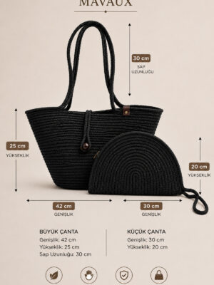 Rio Havana Omuz Çantası + Moss Clutch 2’li Kadın Hasır Omuz Çantası ve Fermuarlı El Çantası Seti Plaj, Günlük – görsel 27