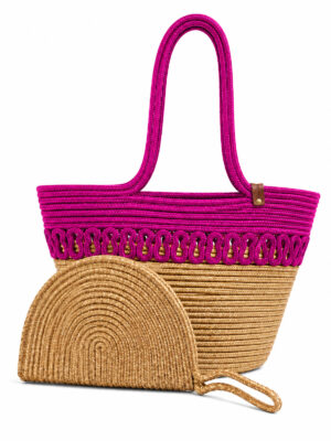 Aya Trikot Omuz Çantası + Moss Clutch 2’li Kadın Hasır Çanta Seti Büyük Omuz Çantası ve Clutch El Yapımı – Tek Ebat / Pembe