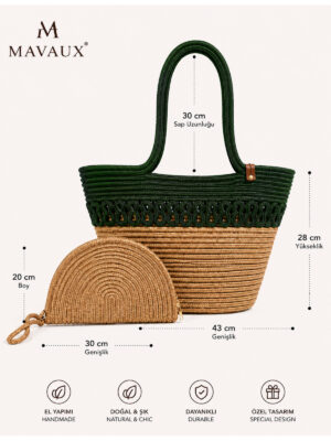 Aya Trikot Omuz Çantası + Moss Clutch 2’li Kadın Hasır Çanta Seti Büyük Omuz Çantası ve Clutch El Yapımı Yazlık – görsel 18