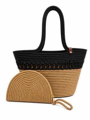 Aya Trikot Omuz Çantası + Moss Clutch 2’li Kadın Hasır Çanta Seti Büyük Omuz Çantası ve Clutch El Yapımı – Tek Ebat / Siyah
