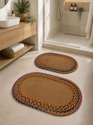 Riva 2’li Jüt, Hasır, Banyo Paspas Takımı, Banyo Takım, Klozet Takımı 50×80 & 40×60 cm Dekoratif Paspas İç – Otantik - Hasır