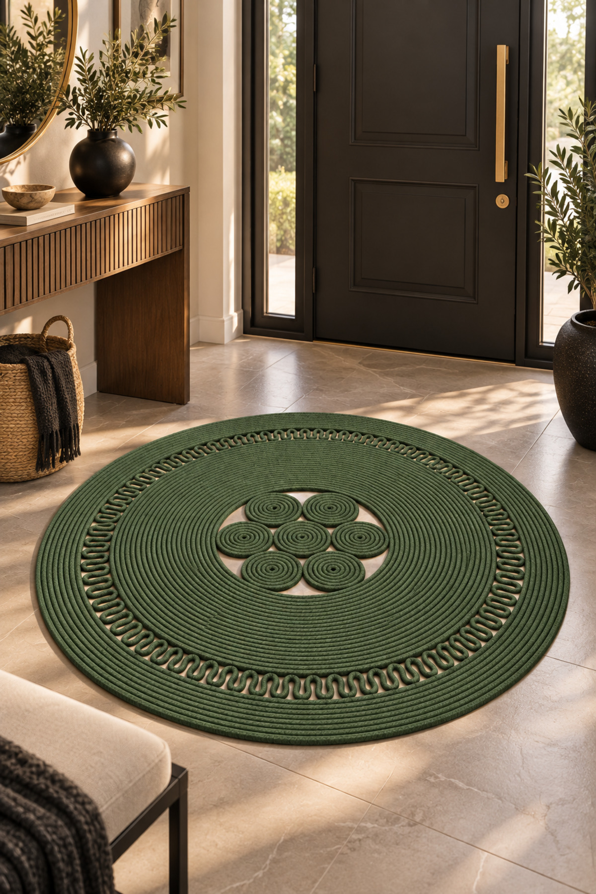 Arenza Doğal Hasır Jüt Halat Yuvarlak Kilim El Örgüsü Dekoratif Halı Salon Oturma Odası Yatak Odası Antre Balkon Bohem Jüt Görünümlü Modern Tasarım