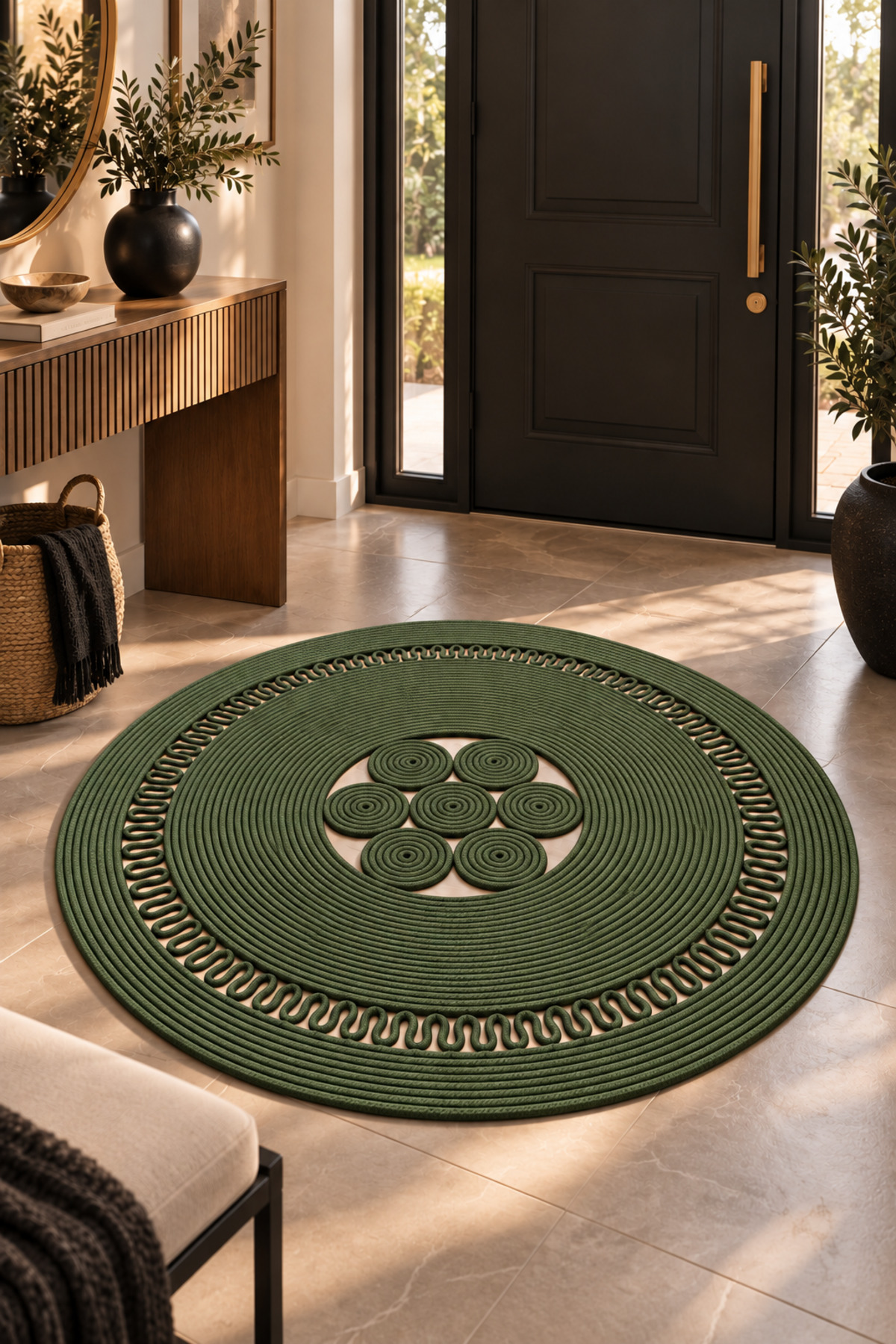 Arenza Doğal Hasır Jüt Halat Yuvarlak Kilim El Örgüsü Dekoratif Halı Salon Oturma Odası Yatak Odası Antre Balkon Bohem Jüt Görünümlü Modern Tasarım - Görsel 2