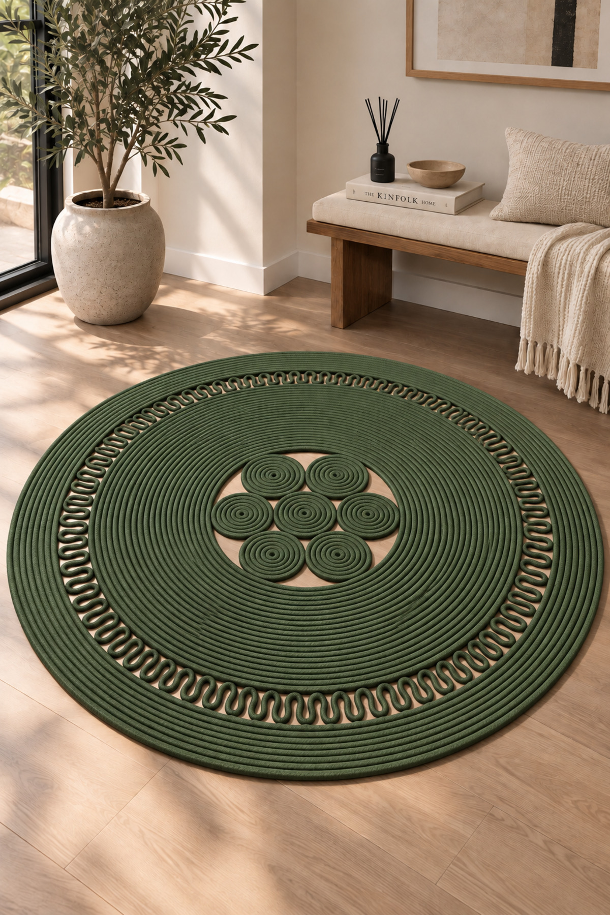 Arenza Doğal Hasır Jüt Halat Yuvarlak Kilim El Örgüsü Dekoratif Halı Salon Oturma Odası Yatak Odası Antre Balkon Bohem Jüt Görünümlü Modern Tasarım - Görsel 3
