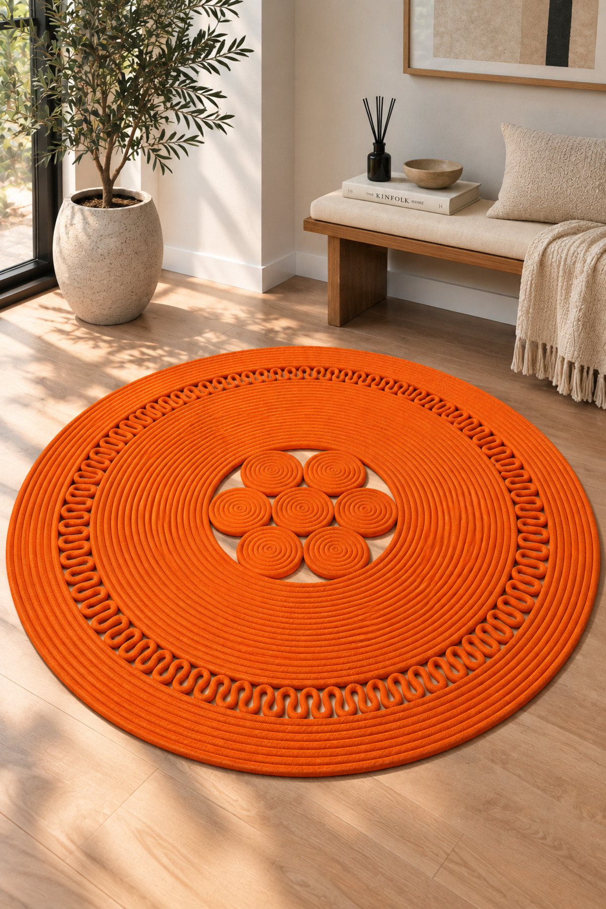 Arenza Doğal Hasır Jüt Halat Yuvarlak Kilim El Örgüsü Dekoratif Halı Salon Oturma Odası Yatak Odası Antre Balkon Bohem Jüt Görünümlü Modern Tasarım - Görsel 7