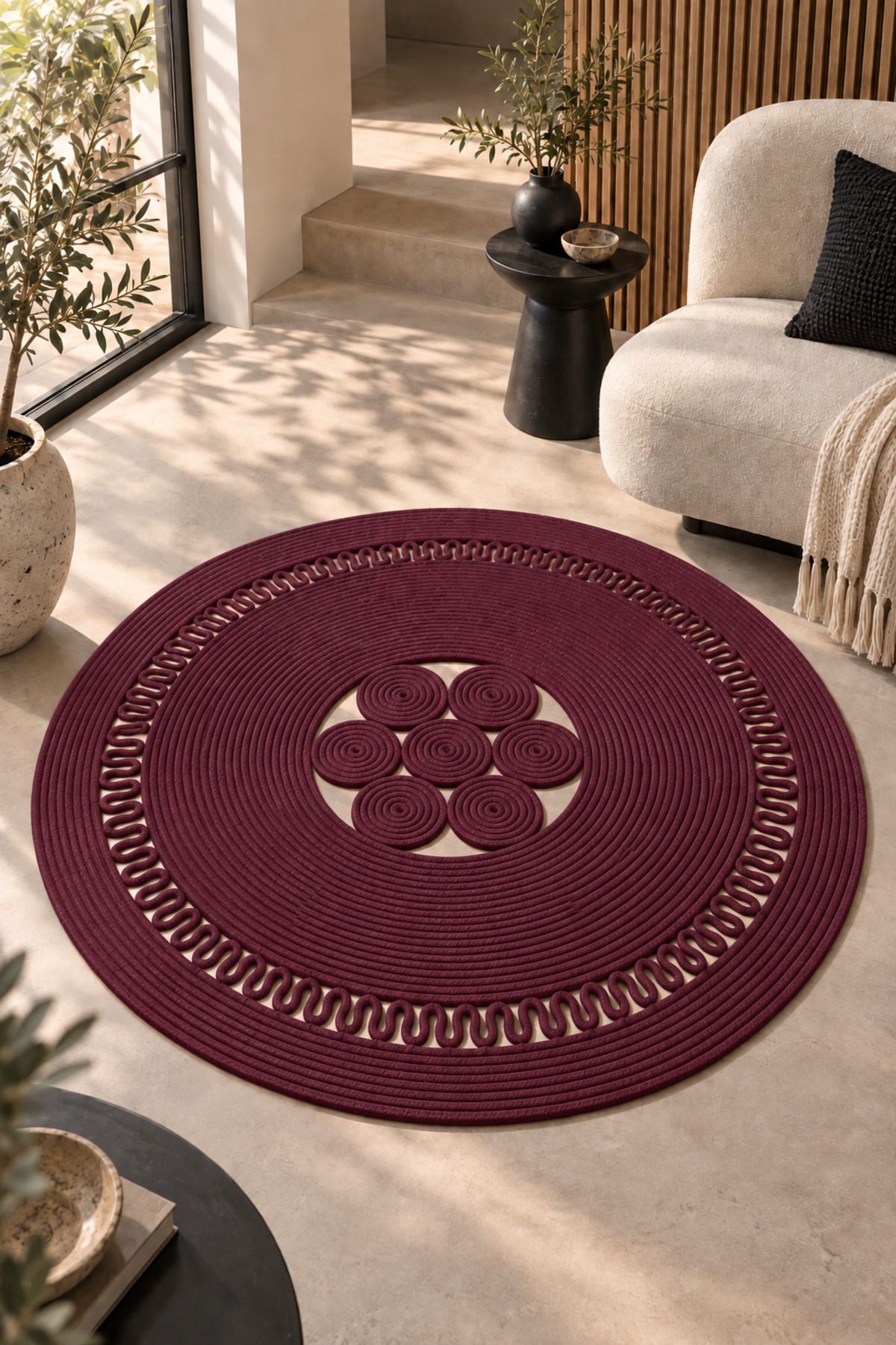 Arenza Doğal Hasır Jüt Halat Yuvarlak Kilim El Örgüsü Dekoratif Halı Salon Oturma Odası Yatak Odası Antre Balkon Bohem Jüt Görünümlü Modern Tasarım - Görsel 13