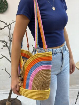Rainbow Örgü Hasır Çanta Kadın Omuz Çantası Renkli El Yapımı Çanta Yazlık Plaj Çantası Günlük Kullanım Çantası – görsel 3