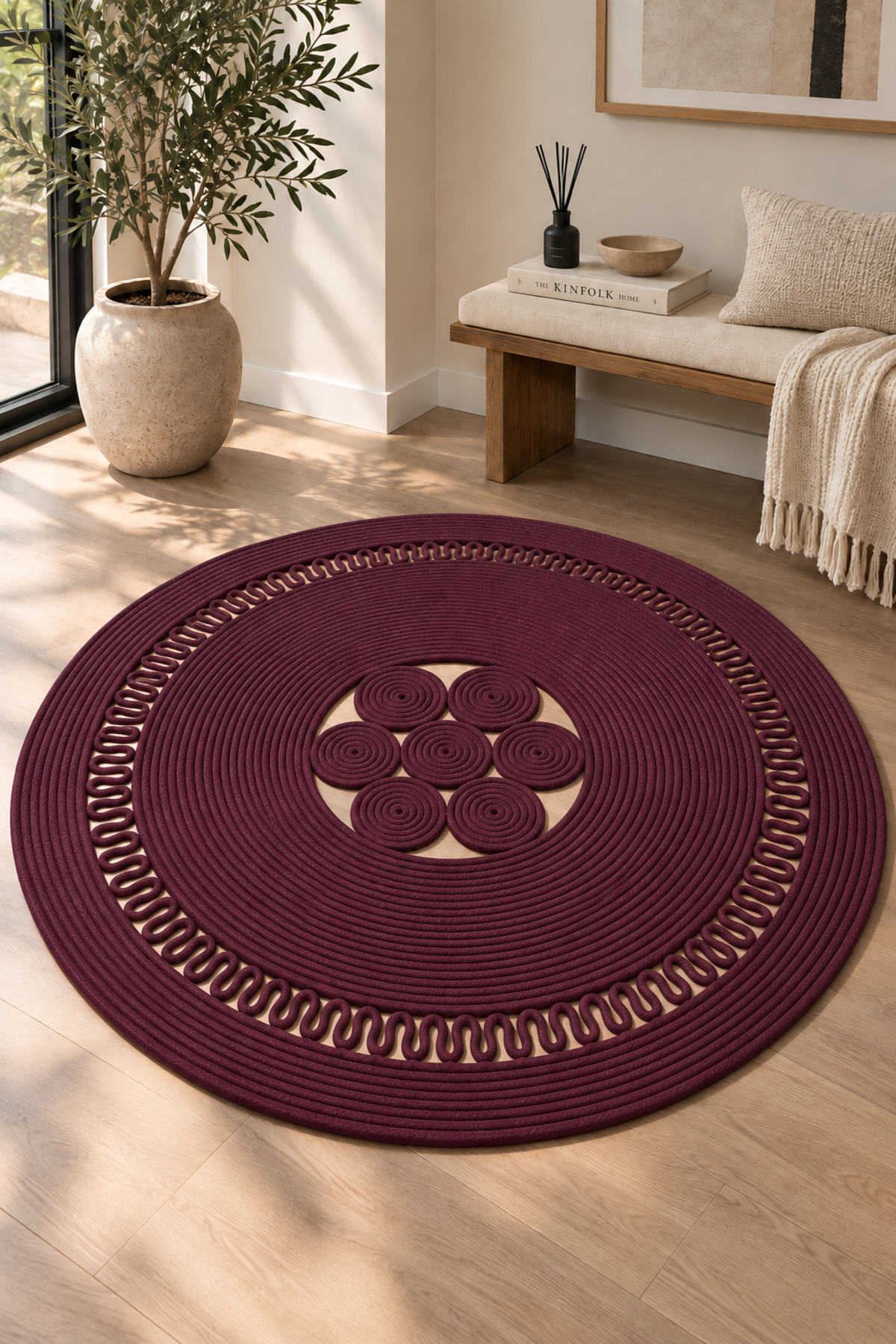 Arenza Doğal Hasır Jüt Halat Yuvarlak Kilim El Örgüsü Dekoratif Halı Salon Oturma Odası Yatak Odası Antre Balkon Bohem Jüt Görünümlü Modern Tasarım - Görsel 15