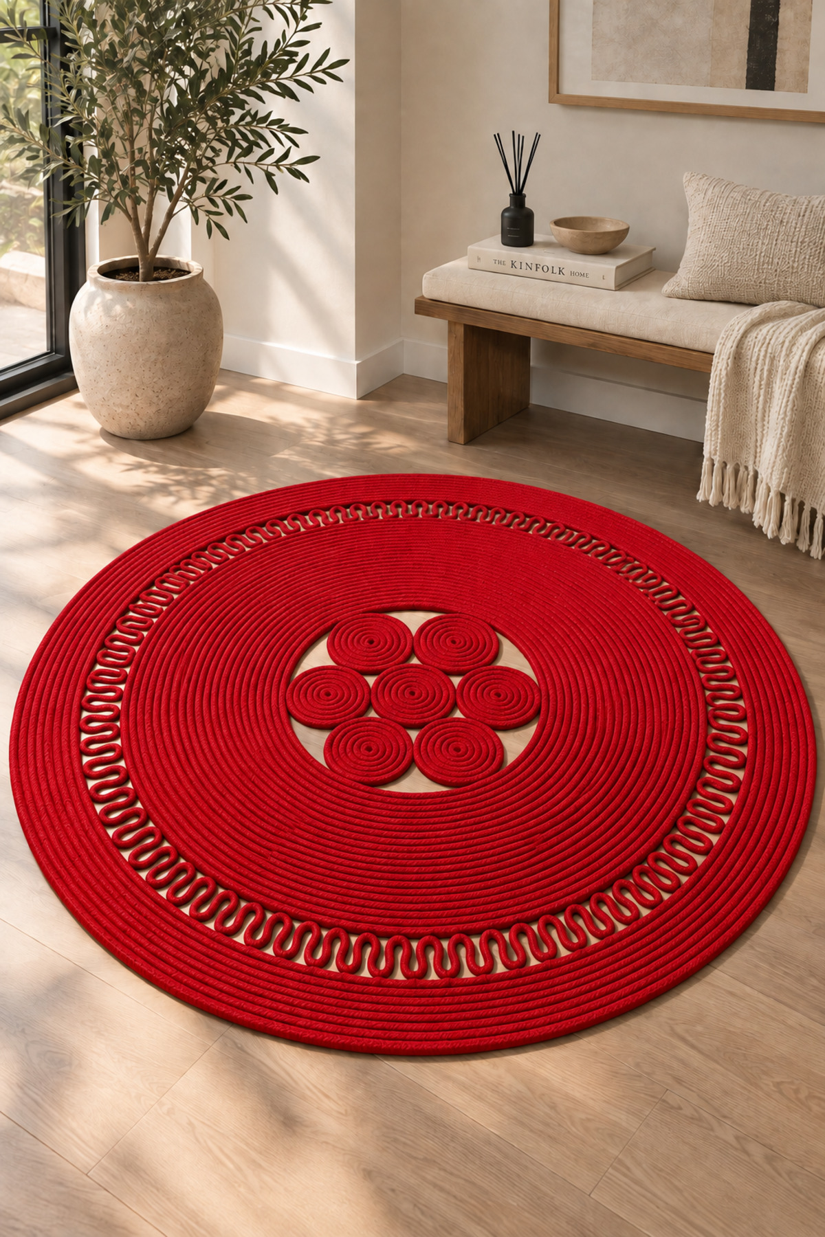 Arenza Doğal Hasır Jüt Halat Yuvarlak Kilim El Örgüsü Dekoratif Halı Salon Oturma Odası Yatak Odası Antre Balkon Bohem Jüt Görünümlü Modern Tasarım - Görsel 19