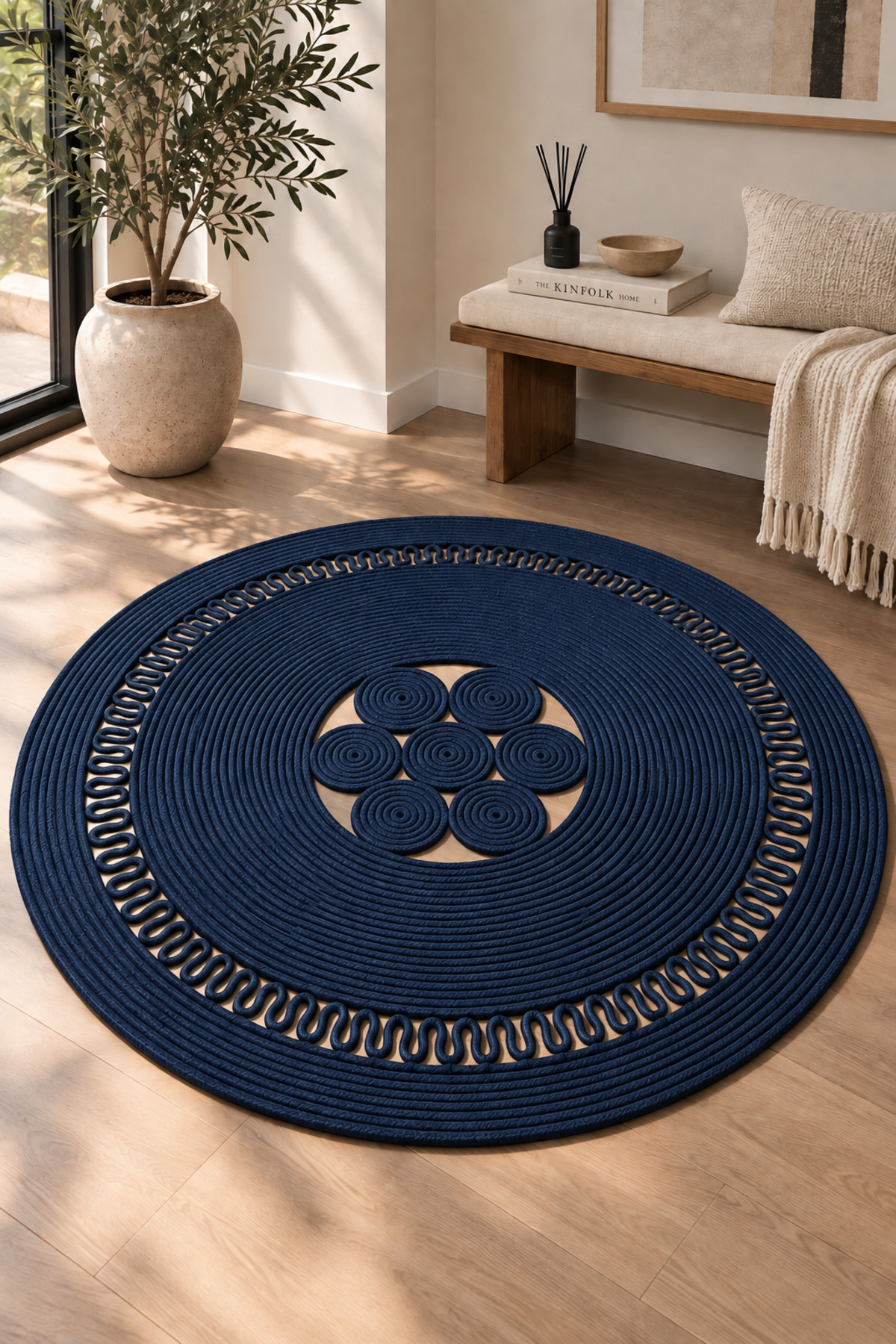 Arenza Doğal Hasır Jüt Halat Yuvarlak Kilim El Örgüsü Dekoratif Halı Salon Oturma Odası Yatak Odası Antre Balkon Bohem Jüt Görünümlü Modern Tasarım - Görsel 23