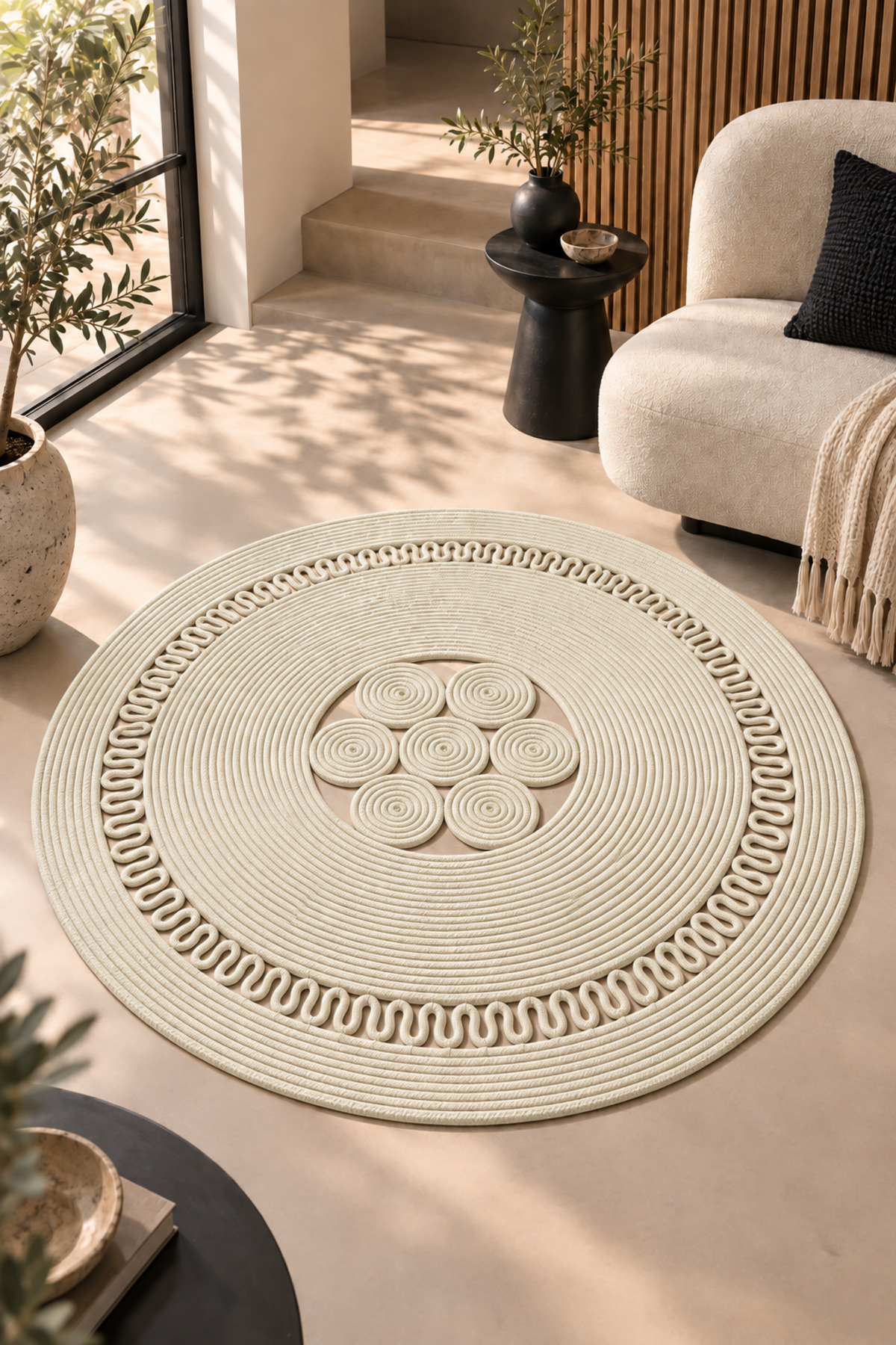 Arenza Doğal Hasır Jüt Halat Yuvarlak Kilim El Örgüsü Dekoratif Halı Salon Oturma Odası Yatak Odası Antre Balkon Bohem Jüt Görünümlü Modern Tasarım - Görsel 25