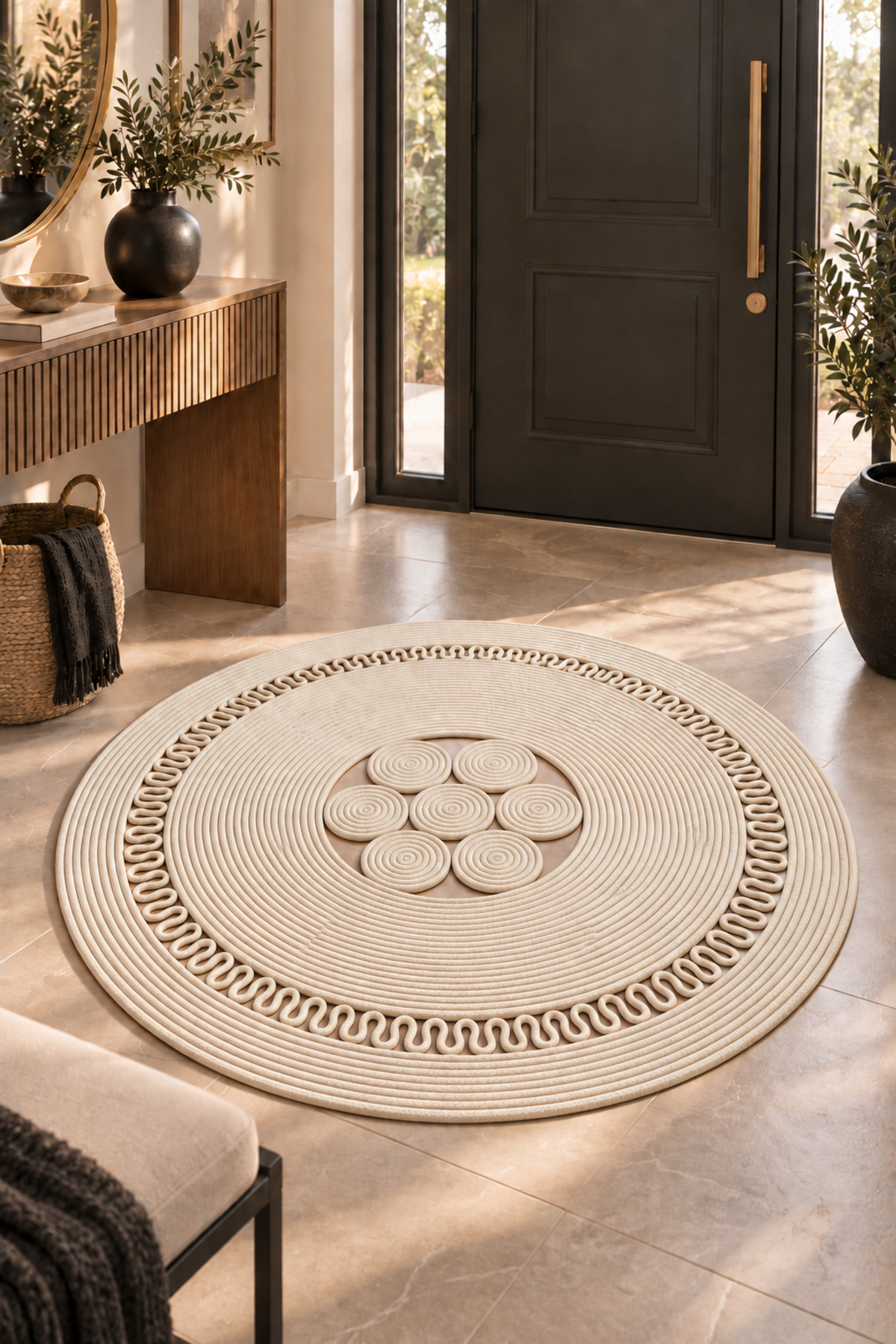 Arenza Doğal Hasır Jüt Halat Yuvarlak Kilim El Örgüsü Dekoratif Halı Salon Oturma Odası Yatak Odası Antre Balkon Bohem Jüt Görünümlü Modern Tasarım - Görsel 26
