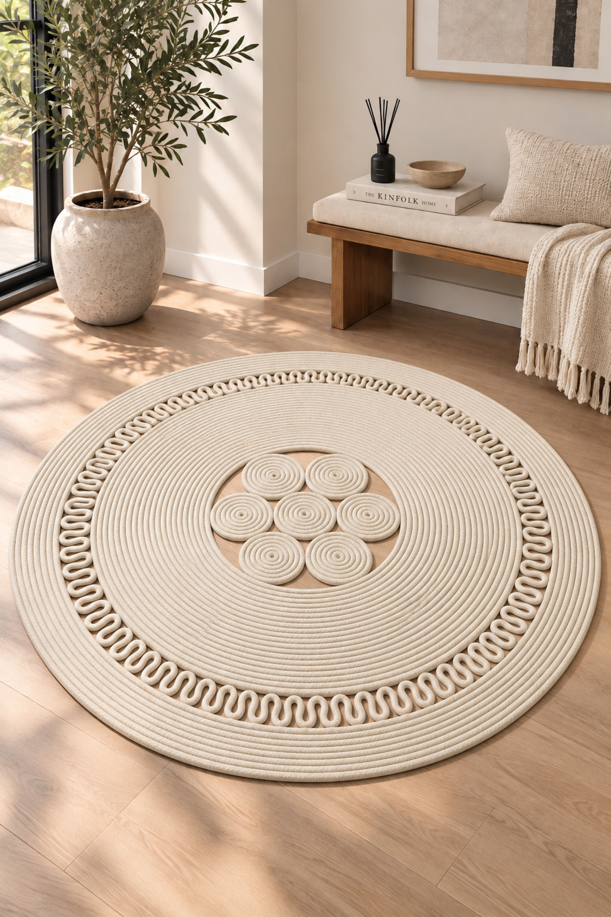 Arenza Doğal Hasır Jüt Halat Yuvarlak Kilim El Örgüsü Dekoratif Halı Salon Oturma Odası Yatak Odası Antre Balkon Bohem Jüt Görünümlü Modern Tasarım - Görsel 28