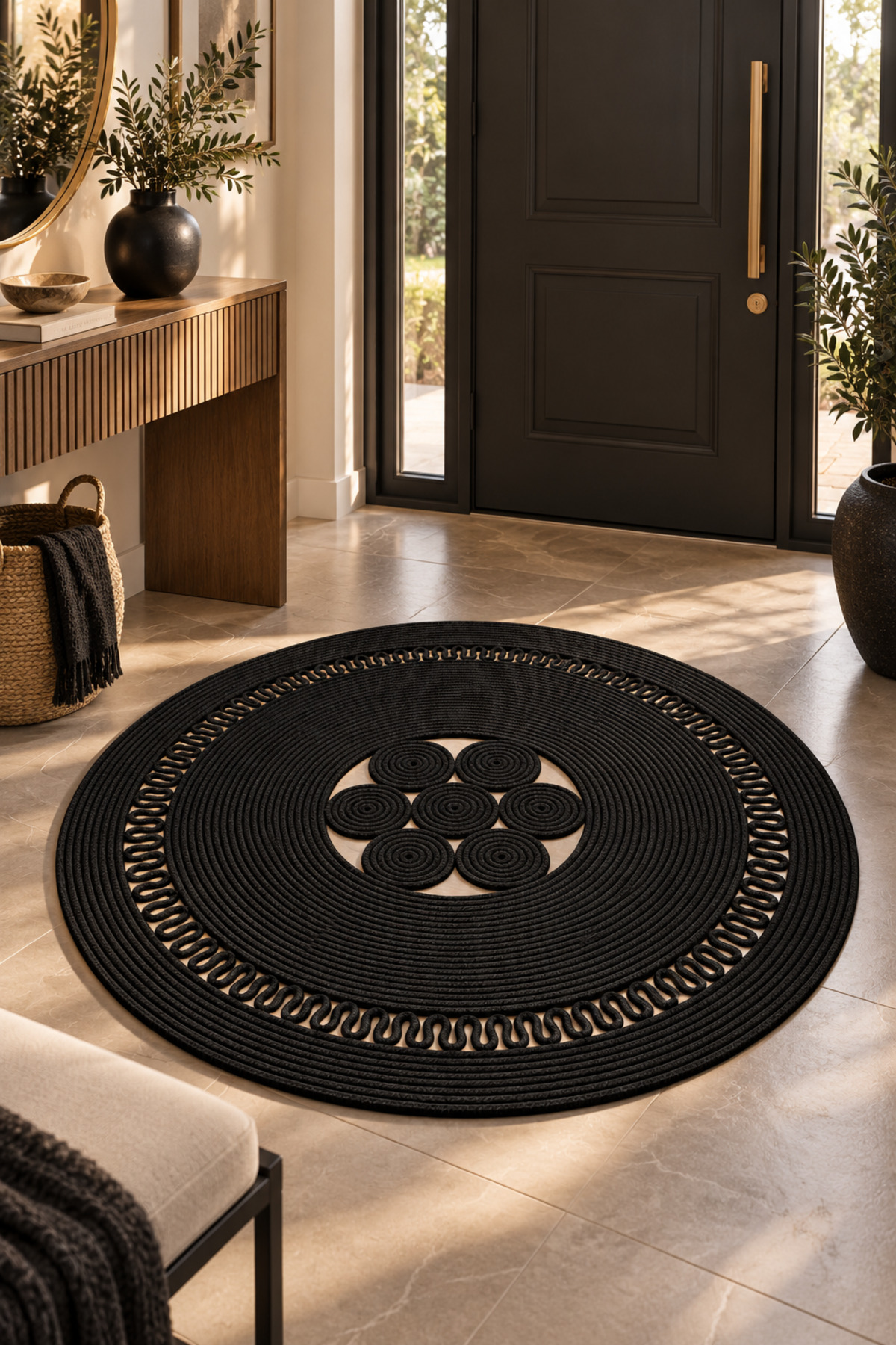 Arenza Doğal Hasır Jüt Halat Yuvarlak Kilim El Örgüsü Dekoratif Halı Salon Oturma Odası Yatak Odası Antre Balkon Bohem Jüt Görünümlü Modern Tasarım - Görsel 30