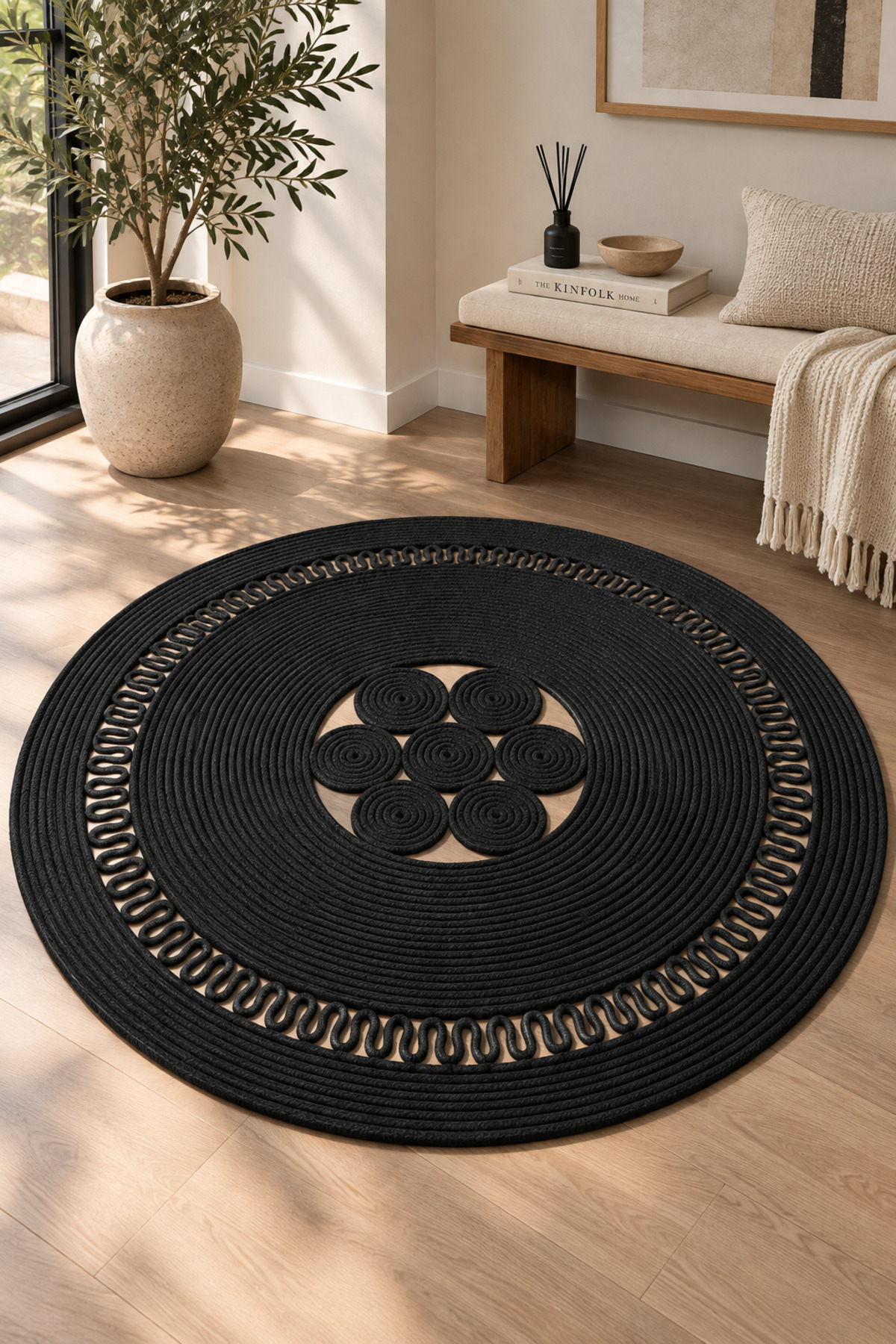 Arenza Doğal Hasır Jüt Halat Yuvarlak Kilim El Örgüsü Dekoratif Halı Salon Oturma Odası Yatak Odası Antre Balkon Bohem Jüt Görünümlü Modern Tasarım - Görsel 31