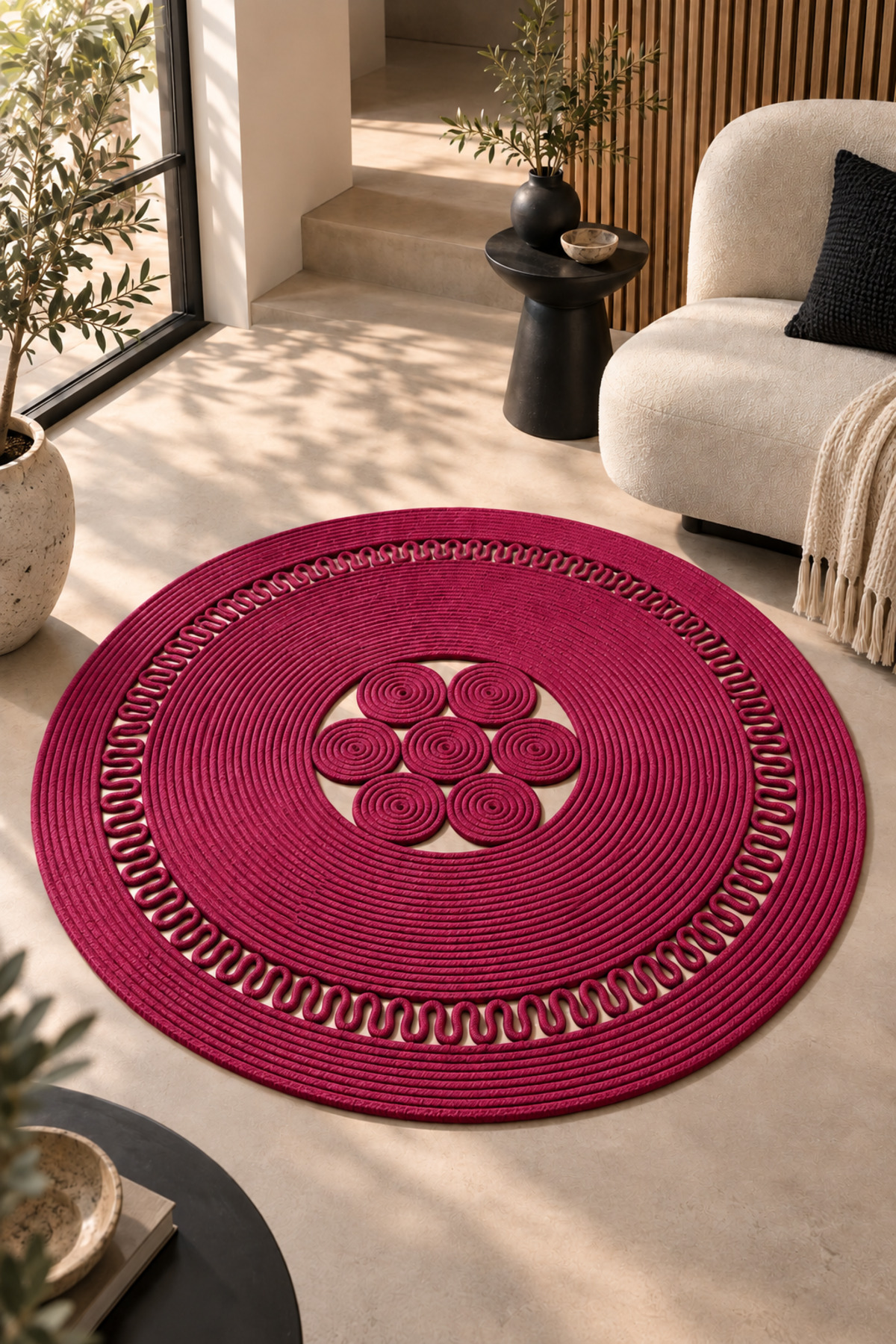 Arenza Doğal Hasır Jüt Halat Yuvarlak Kilim El Örgüsü Dekoratif Halı Salon Oturma Odası Yatak Odası Antre Balkon Bohem Jüt Görünümlü Modern Tasarım - Görsel 33