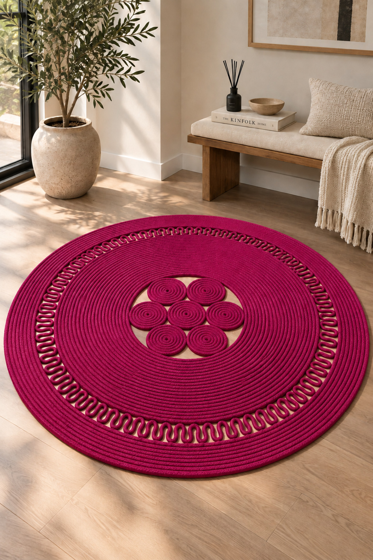 Arenza Doğal Hasır Jüt Halat Yuvarlak Kilim El Örgüsü Dekoratif Halı Salon Oturma Odası Yatak Odası Antre Balkon Bohem Jüt Görünümlü Modern Tasarım - Görsel 35