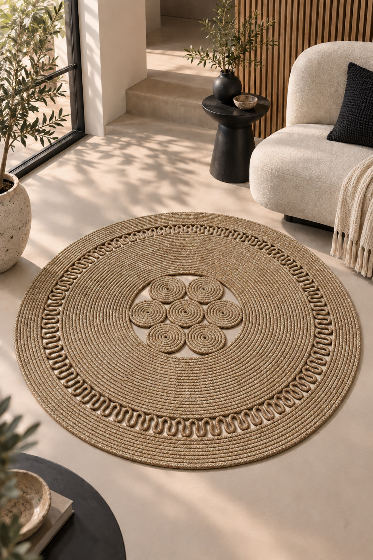 Arenza Doğal Hasır Jüt Halat Yuvarlak Kilim El Örgüsü Dekoratif Halı Salon Oturma Odası Yatak Odası Antre Balkon Bohem Jüt Görünümlü Modern Tasarım - Görsel 37