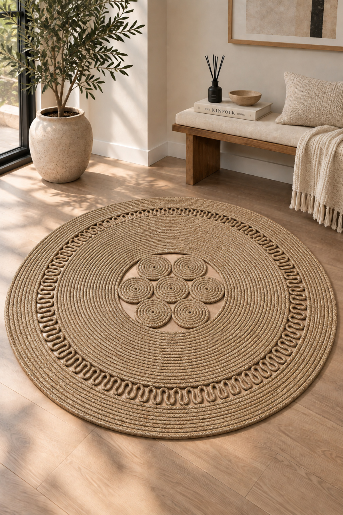 Arenza Doğal Hasır Jüt Halat Yuvarlak Kilim El Örgüsü Dekoratif Halı Salon Oturma Odası Yatak Odası Antre Balkon Bohem Jüt Görünümlü Modern Tasarım - Görsel 40