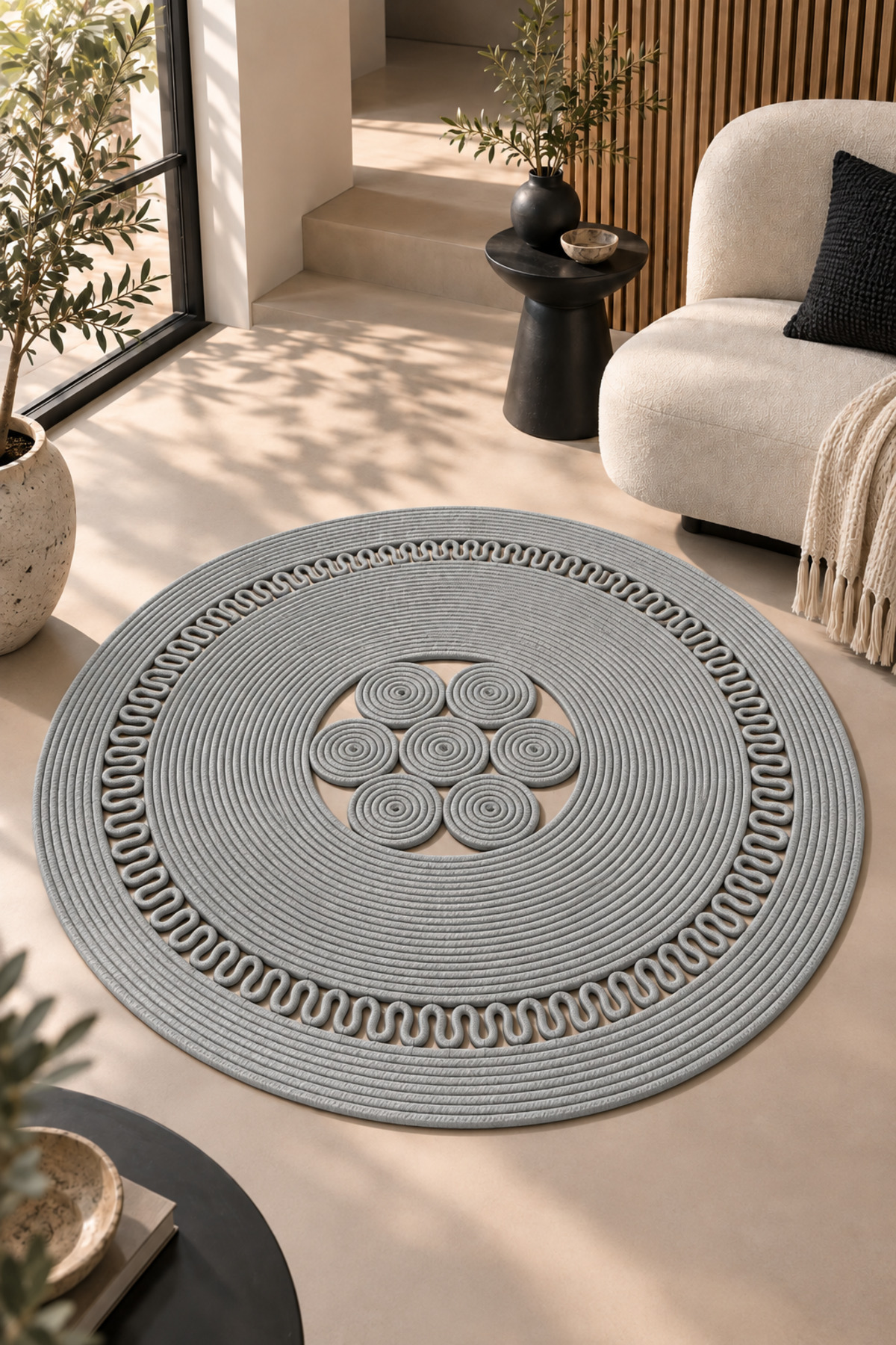 Arenza Doğal Hasır Jüt Halat Yuvarlak Kilim El Örgüsü Dekoratif Halı Salon Oturma Odası Yatak Odası Antre Balkon Bohem Jüt Görünümlü Modern Tasarım - Görsel 42