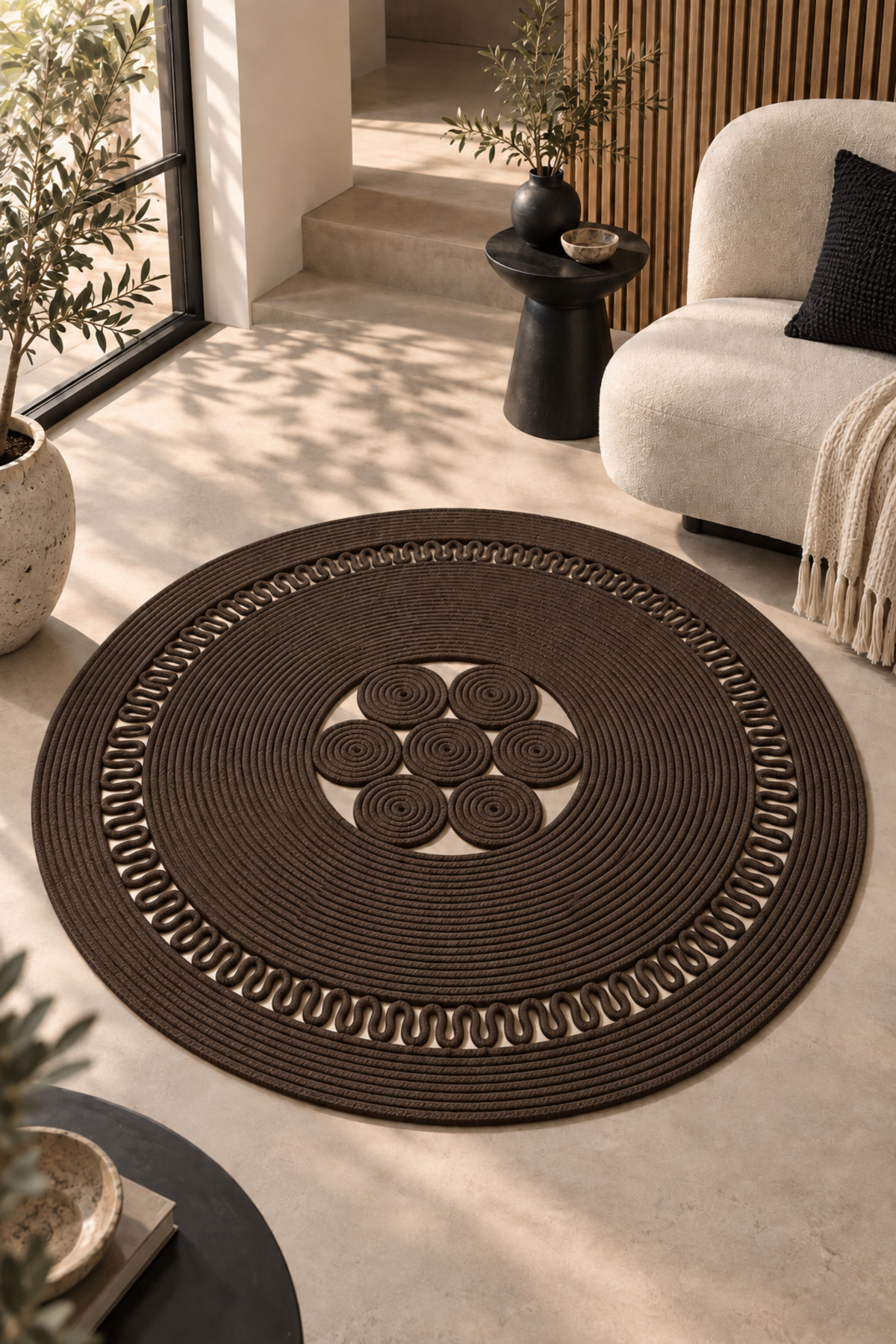 Arenza Doğal Hasır Jüt Halat Yuvarlak Kilim El Örgüsü Dekoratif Halı Salon Oturma Odası Yatak Odası Antre Balkon Bohem Jüt Görünümlü Modern Tasarım - Görsel 46