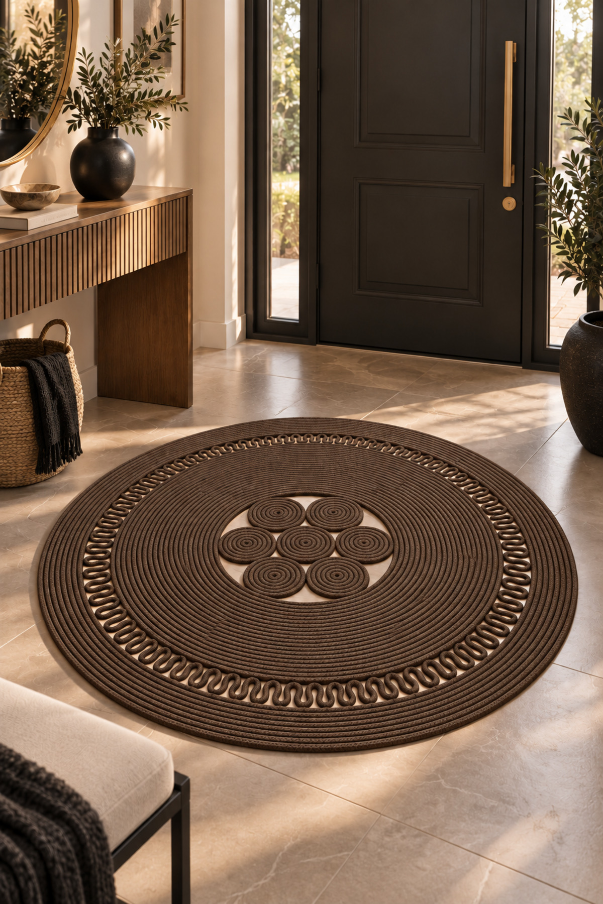 Arenza Doğal Hasır Jüt Halat Yuvarlak Kilim El Örgüsü Dekoratif Halı Salon Oturma Odası Yatak Odası Antre Balkon Bohem Jüt Görünümlü Modern Tasarım - Görsel 47