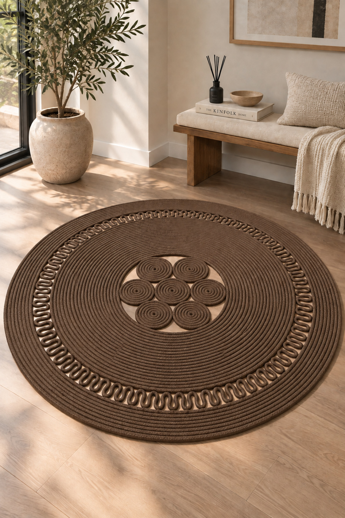 Arenza Doğal Hasır Jüt Halat Yuvarlak Kilim El Örgüsü Dekoratif Halı Salon Oturma Odası Yatak Odası Antre Balkon Bohem Jüt Görünümlü Modern Tasarım - Görsel 48