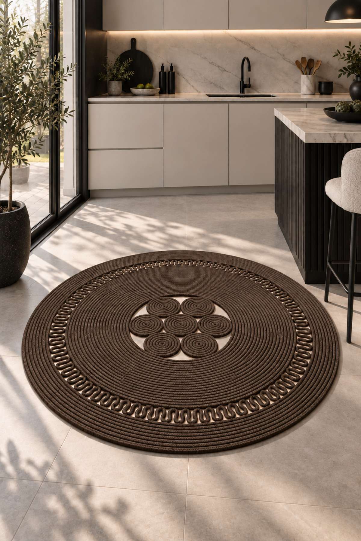 Arenza Doğal Hasır Jüt Halat Yuvarlak Kilim El Örgüsü Dekoratif Halı Salon Oturma Odası Yatak Odası Antre Balkon Bohem Jüt Görünümlü Modern Tasarım - Görsel 49