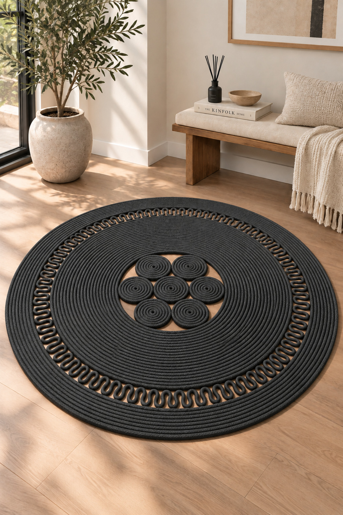 Arenza Doğal Hasır Jüt Halat Yuvarlak Kilim El Örgüsü Dekoratif Halı Salon Oturma Odası Yatak Odası Antre Balkon Bohem Jüt Görünümlü Modern Tasarım - Görsel 52